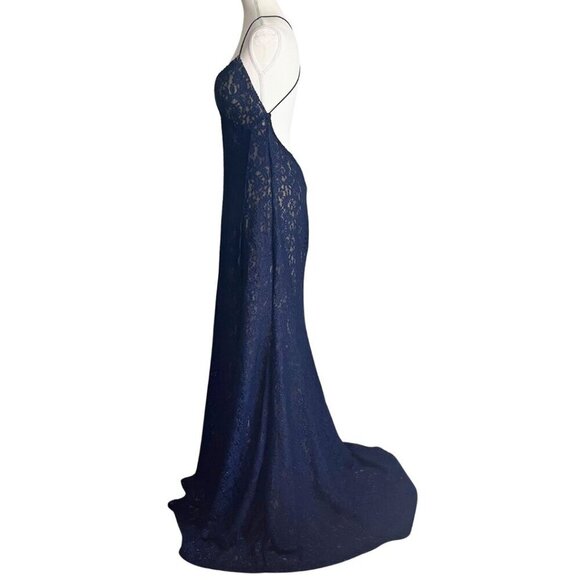 NWT JOIE NAVY GLITTER LACE SCALLOPED SLIT TRAIN EVENING GOWN - L - Picture 2 of 9